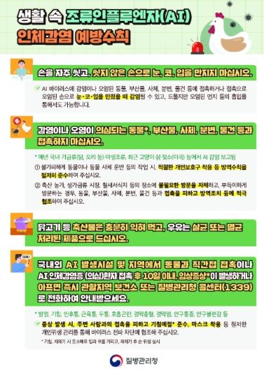 생활 속 조류인플루엔자(AI) 인체감염 예방수칙 안내문.